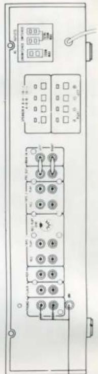 Technical diagram of a device rear panel with labeled ports, switches, and indicator lights