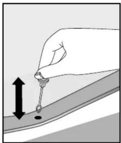 Illustration of a hand holding a tool with an upward arrow and a black dot.