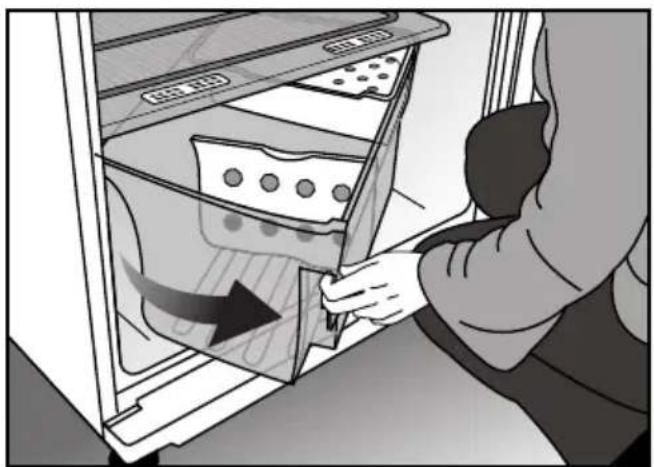 Person opening a refrigerator with a knife inserted, showing a black arrow indicating the process.
