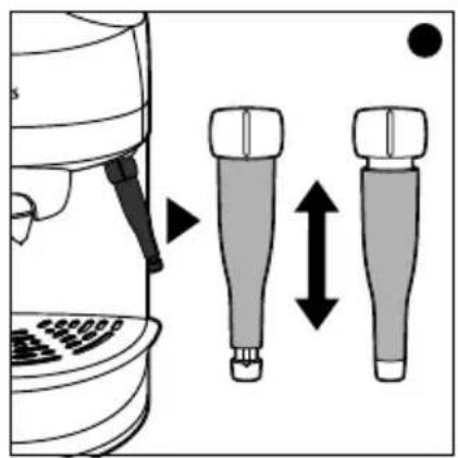 Illustration of a coffee machine with two different stand holders and a double-headed arrow indicating alignment (no text or symbols)