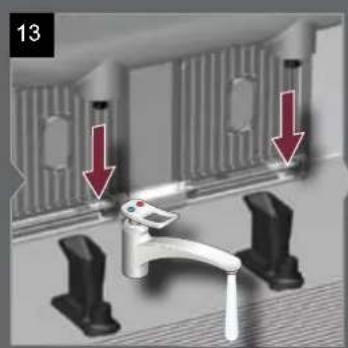 3D diagram of a bathroom sink with faucet and fixtures, showing red arrows indicating movement or force (no text or symbols)