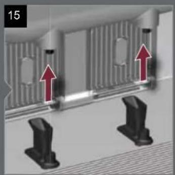 3D mechanical assembly diagram showing two vertical components with red arrows indicating motion or force directions (no text or symbols)
