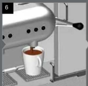 Exterior view of a modern espresso machine with a white cup and wooden base (no text or symbols visible)