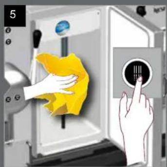 Illustration of hands cleaning a kitchen appliance with a yellow cloth and control knob (no text or symbols)