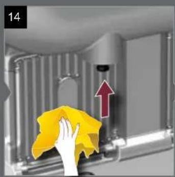 Hand cleaning a metal pipe with a yellow cloth, showing a red upward arrow (no text or symbols)