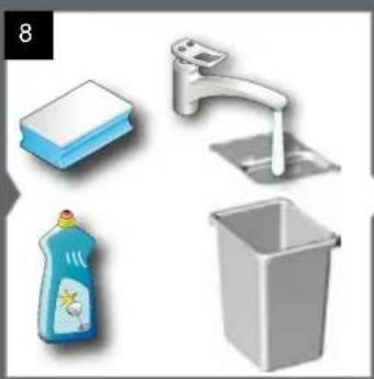 Illustration of cleaning items including a book, a faucet, a spray bottle, and a trash can (no text or symbols)