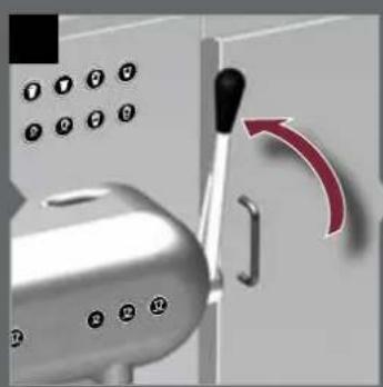 Close-up of a kitchen blender with a red curved arrow indicating rotation (no text or symbols visible)
