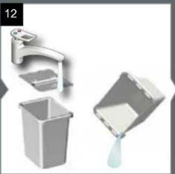 Illustration of a faucet, a trash bin, and a bucket pouring liquid (no text or symbols)
