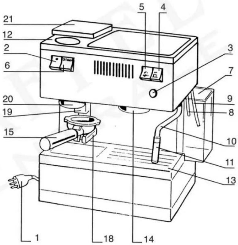Technical diagram of a coffee maker with numbered parts for identification
