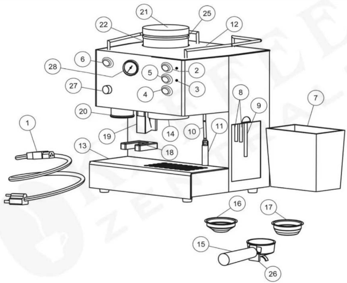 Technical diagram of a laboratory instrument with numbered components for identification and assembly reference.