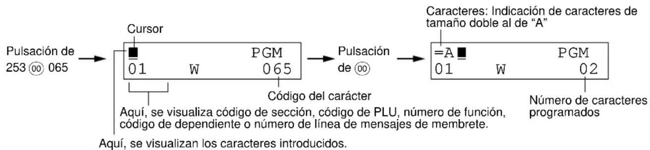 graph LR A["Pulsación de 253 065"] --> B["Cursor"] B --> C["01 W PGM 065"] C --> D["Pulsación de 00"] D --> E["=A PGM 01 W 02"] E --> F["Número de caracteres programados"] B --> G["Aquí, se visualiza código de sección, código de PLU, número de función, código de dependiente o número de línea de mens…
