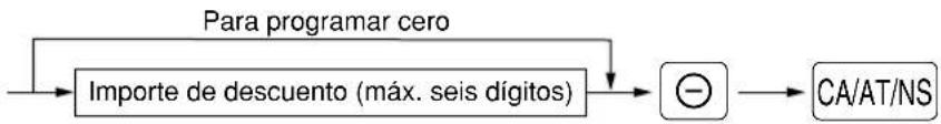 graph LR A["Para programar cero"] --> B["Importe de descuento (máx. seis dígitos)"] B --> C["⊖"] C --> D["CA/AT/NS"]