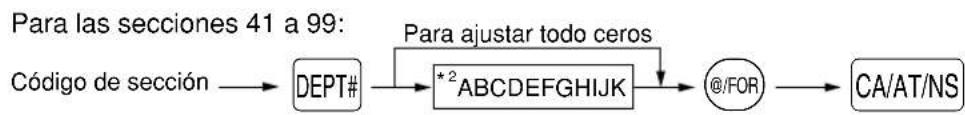 graph LR A["Código de sección"] --> B["DEPT#"] B --> C["*2 ABCDEFGHIJK"] C --> D["@/FOR"] D --> E["CA/AT/NS"] F["Para ajustar todo ceros"] --> C