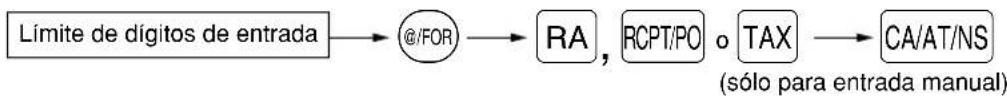 graph LR A["Límite de dígitos de entrada"] --> B["@/FOR"] B --> C["RA"] C --> D["RCPT/PO"] D --> E["TAX"] E --> F["CA/AT/NS"] style B fill:#f9f,stroke:#333 style C fill:#ccf,stroke:#333 style D fill:#cfc,stroke:#333 style E fill:#fcc,stroke:#333 note right of B (sólo para entrada manual)
