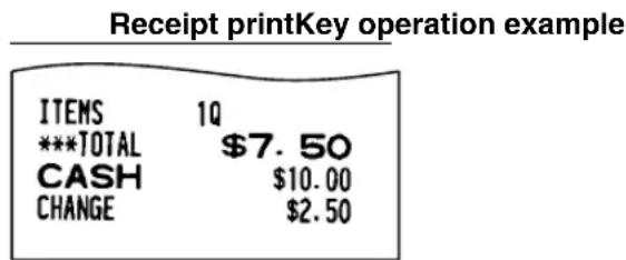 Receipt print key operation example: ITEMS 1Q, ***TOTAL 7.50, CASH10.00, CHANGE $2.50