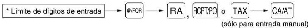 graph LR A["* Límite de dígitos de entrada"] --> B["@/FOR"] B --> C["RA, RCPT/PO o TAX"] C --> D["CA/AT"] style A fill:#f9f,stroke:#333 style D fill:#f9f,stroke:#333