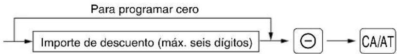 graph LR A["Para programar cero"] --> B["Importe de descuento (máx. seis dígitos)"] B --> C["(-) → CA/AT"]