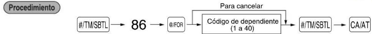 graph LR A["#/TM/SBTL"] --> B["86"] B --> C["@/FOR"] C --> D["Código de dependiente (1 a 40)"] D --> E["#/TM/SBTL"] E --> F["CA/AT"] G["Para cancelar"] --> D