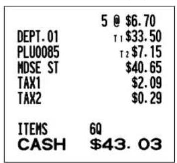 5 @ $6.70 DEPT. 01 T1 $33.50 PLU0085 T2 $7.15 MDSE ST $40.65 TAX1 $2.09 TAX2 $0.29 ITEMS 6Q CASH $43.03