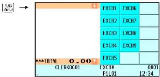 PLU MENUS → EXCH1 EXCH6 EXCH2 EXCH7 EXCH3 EXCH8 EXCH4 EXCH9 EXCH5 ***TOTAL 0.00? CLERK0001 EXCH 0001 P1L01 12:34