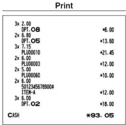 Print 3x 2.00 DPT.08 *6.00 2x 6.80 DPT.05 *13.60 3x 7.15 PLU00010 *21.45 2x 6.00 PLU00003 *12.00 2x 5.00 PLU00060 *10.00 2x 6.00 5012345678900# ITEM-A *12.00 3x 6.00 DPT.02 *18.00 CASH *93.05