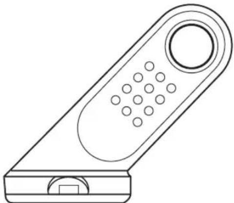 Line drawing of a remote control device with a circular button and indicator lights (no text or symbols)
