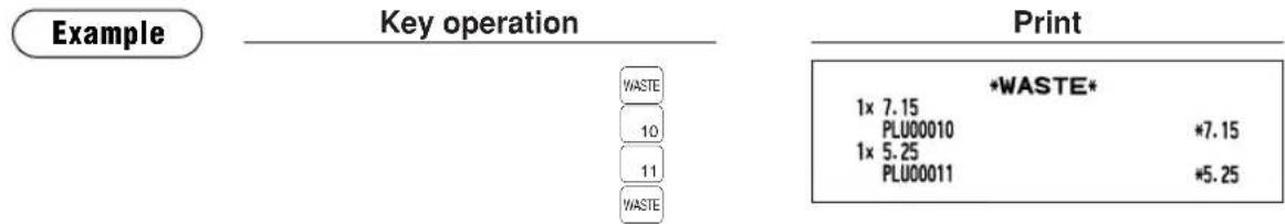 Example Key operation WASTE 10 11 WASTE Print *WASTE* 1x 7.15 PLU00010 *7.15 1x 5.25 PLU00011 *5.25