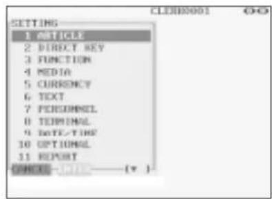 SETTING menu: 1 ARTICLE, 2 DIRECT KEY, 3 FUNCTION, 4 MEDIA, 5 CURRENCY, 6 TEXT, 7 PERSONNEL, 8 TERMINAL, 9 DATE-TIME, 10 OPTIONAL, 11 REPORT. Label: ORDER: HTML- ( * ).