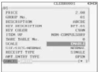 Department 01 settings: PRICE 2.00, GROUP No. 01, DESCRIPTION ABCDE, KEY DESCRIPTION DFT.01, KEY COLOR CWM, ITEM UP NON-COMPULTRY, TORE TABLE No. 0, SCALE ENABLE, SITE/SICS/INTERNAL NORMAL, RECEIPT TYPE SINGLE, OUT ENTRY TYPE OPEN. Label: ORANGE ORDER (▼).