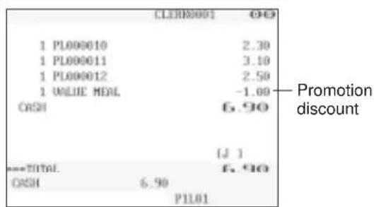 CLERN8001 1 PL000010 2.30 1 PL000011 3.10 1 PL000012 2.50 1 VALUE MEAL -1.00 CASH 6.90 =$J 1 =$TOTAL 6.90 CASH 6.90 P1101 Promotion discount