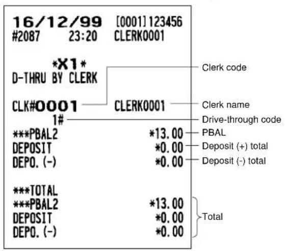 16/12/99 [0001] 123456 #2087 23:20 CLERK0001 *X1* D-THRU BY CLERK CLK#0001 CLERK0001 1# ***PBAL2 *13.00 DEPOSIT *0.00 DEPO. (-) *0.00 ***TOTAL ***PBAL2 *13.00 DEPOSIT *0.00 DEPO. (-) *0.00 Clerk code Clerk name Drive-through code PBAL Deposit (+) total Deposit (-) total Total