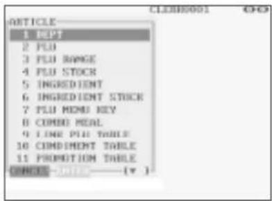 ARTICLE menu: 1 DEPT, 2 PLU, 3 PLU RANGE, 4 PLU STOCK, 5 INGREDIENT, 6 INGREDIENT STOCK, 7 PLU MEMS KEY, 8 COMBO MEAL, 9 LINE PLU TABLE, 10 COMBIMENT TABLE, 11 PROPOSITION TABLE. Label: CLOSED DATE: [√].