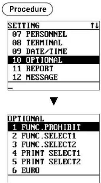 Procedure SETTING ↑↓ 07 PERSONNEL 08 TERMINAL 09 DATE/TIME 10 OPTIONAL 11 REPORT 12 MESSAGE - OPTIONAL 1 FUNC.PROHIBIT 2 FUNC.SELECT1 3 FUNC SELECT2 4 PRINT SELECT1 5 PRINT SELECT2 6 EURO