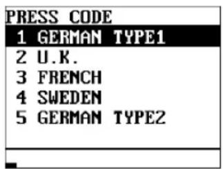 PRESS CODE 1 GERMAN TYPE1 2 U.K. 3 FRENCH 4 SWEDEN 5 GERMAN TYPE2