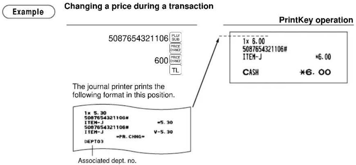 Example Changing a price during a transaction 5087654321106 PLLM SUB PRICE CHANGE 600 PRICE CHANGE TL The journal printer prints the following format in this position. PrintKey operation 1x 6.00 5087654321106# ITEM-J *6.00 CASH *6.00 1x 5.30 5087654321106# ITEM-J *5.30 5087654321106# ITEM-J V-5.30 *…