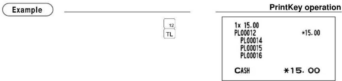 Example PrintKey operation 1x 15.00 PL00012 *15.00 PL00014 PL00015 PL00016 CASH *15.00
