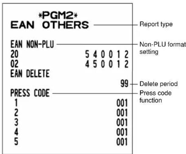 *PGM2* EAN OTHERS Report type EAN NON-PLU 20 5 4 0 0 1 2 02 4 5 0 0 1 2 EAN DELETE 99 Delete period Press code function PRESS CODE 1 001 2 001 3 001 4 001 5 001