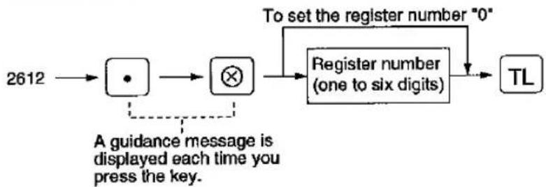 graph LR A["2612"] --> B["•"] B --> C["⊗"] C --> D["Register number (one to six digits)"] D --> E["TL"] F["A guidance message is displayed each time you press the key."] --> B G["To set the register number "0""] --> D