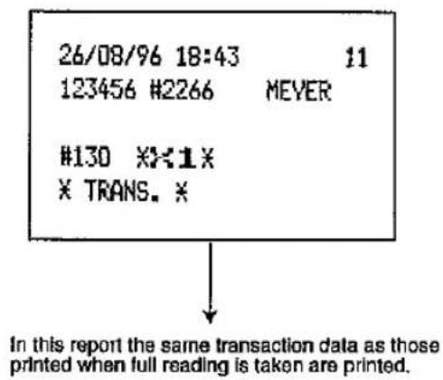26/08/96 18:43 11 123456 #2266 MEVER #130 *×1* * TRANS. * Dans ce rapport, les mêmes données de transaction que celles imprimées lors d'une lecture complète sont imprimées.
