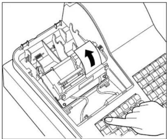 Line drawing of a computer keyboard with an open case and a hand pressing it (no text or symbols).