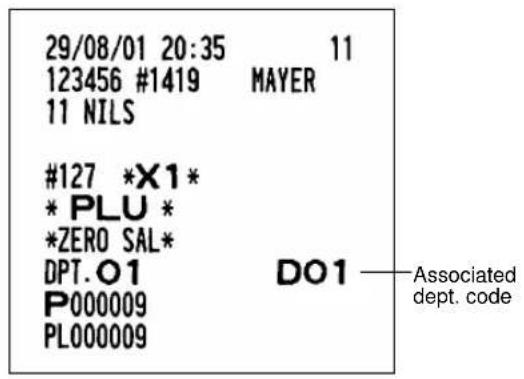 29/08/01 20:35 11 123456 #1419 MAYER 11 NILS #127 *X1* * PLU * *ZERO SAL* DPT.O1 D01 — Associated dept. code P000009 PL000009