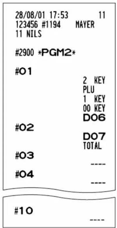 28/08/01 17:53 11 123456 #1194 MAYER 11 NILS #2900 *PGM2* #O1 2 KEY PLU 1 KEY 00 KEY D06 #O2 D07 TOTAL #O3 --- #O4 --- #10 ---