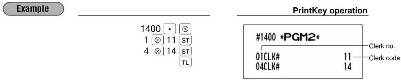 Example 1400 • ⊗ 1 ⊗ 11 ST 4 ⊗ 14 ST TL PrintKey operation #1400 *PGM2* Clerk no. 01CLK# 11 04CLK# 14 Clerk code