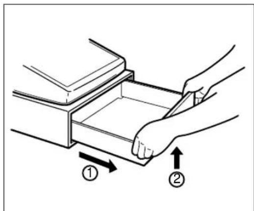 Diagram showing two hands inserting a drawer into a box, with arrows indicating the direction of movement.