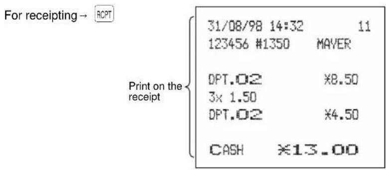 For receipting → RCPT 31/08/98 14:32 11 123456 #1350 MAVER Print on the receipt DPT.02 ×8.50 3× 1.50 DPT.02 ×4.50 CASH ×13.00