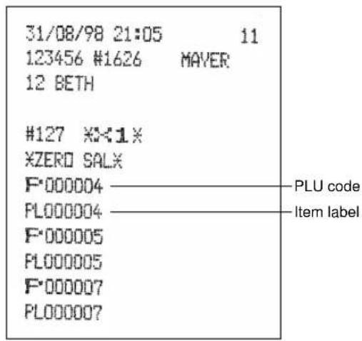 31/08/98 21:05 11 123456 #1626 MAVER 12 BETH #127 ××1× ×ZERO SALX F·000004 ———— PLU code PL000004 ———— Item label F·000005 PL000005 F·000007 PL000007