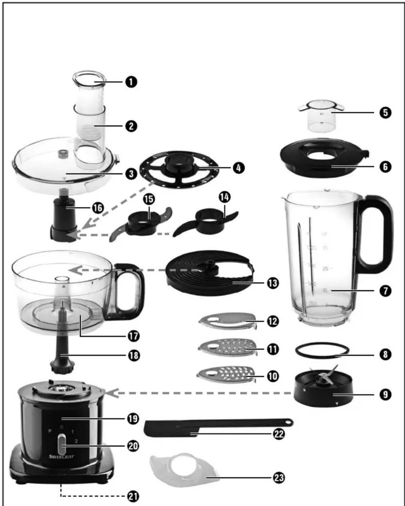 Exploded view diagram of a kitchen appliance with numbered parts for identification