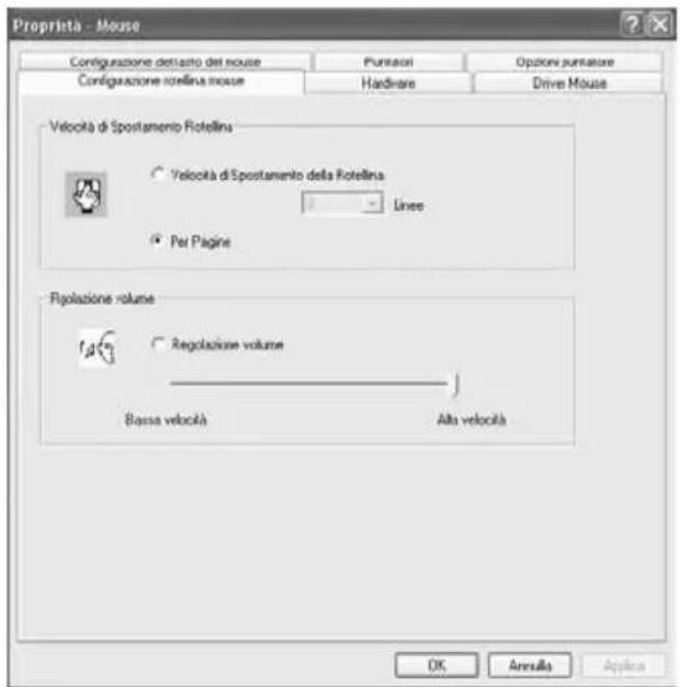 Proprintà - Mouse Configurazione dettanto del mouse Puntatori Options punitatore Configurazione rotellina mouse Hardware Drive Mouse Velocità di Spostamento Rotellina Velocità di Spostamento della Rotellina Linee Per Piagine Regolazione volume Regolazione volume Bassa velocità Alta velocità OK Annel…