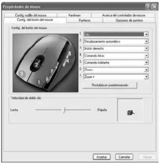 Propiedades de Mouse Config rodillo del mouse Hardware Acerca del controllador de mouse Config. del botón del mouse Punteros Opciones de punteró Config. del botón del mouse 1. Clic 2. Desplazamiento automático 3. Botón derecho 4. Comando Altus 5. Comando Adelante 6. Zoom - 7. Zoom + Restablecer pred…