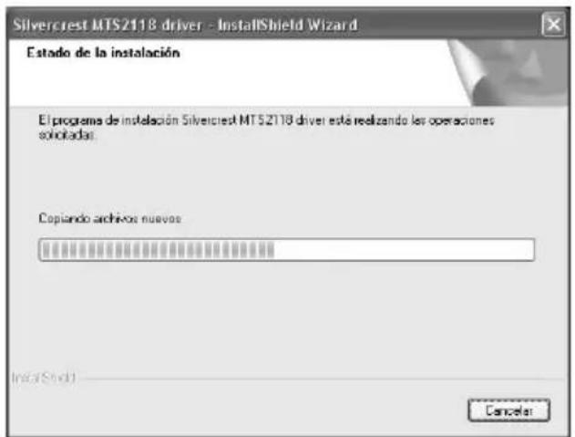 Silvercrest MTS2118 driver - InstallShield Wizard Estado de la instalación El programa de instalación Silvercrest MT52118 driver está realizando las operaciones soluidadas. Copiando archivos nuevos InstallShield Cancel